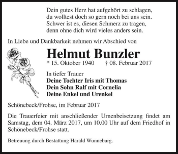 Traueranzeige von Helmut Bunzler  von Magdeburger Volksstimme