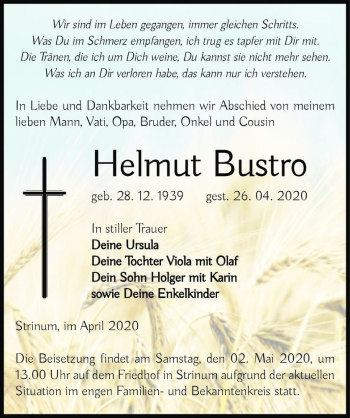 Traueranzeige von Helmut Bustro  von Magdeburger Volksstimme