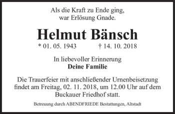 Traueranzeige von Helmut Bänsch  von Magdeburger Volksstimme