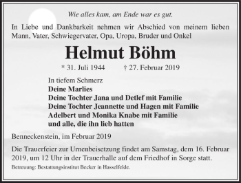 Traueranzeige von Helmut Böhm  von Magdeburger Volksstimme