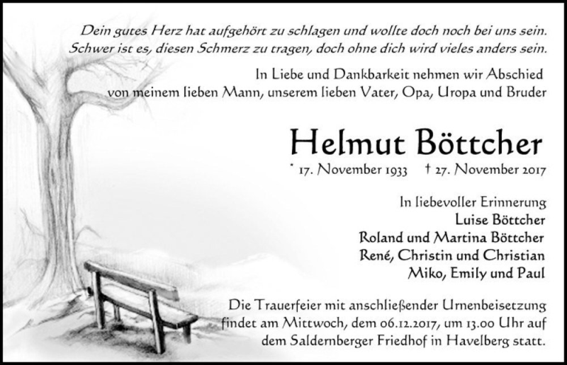  Traueranzeige für Helmut Böttcher  vom 30.11.2017 aus Magdeburger Volksstimme