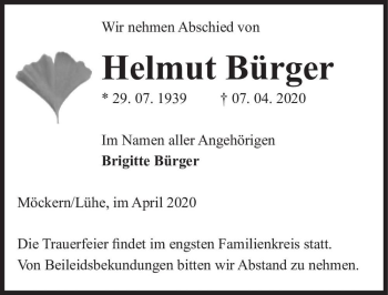 Traueranzeige von Helmut Bürger  von Magdeburger Volksstimme