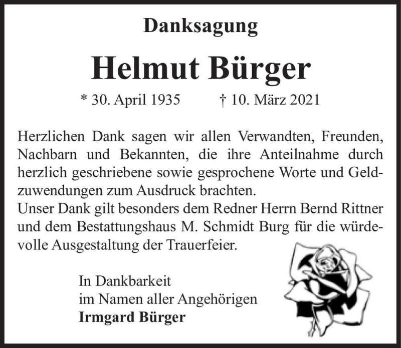  Traueranzeige für Helmut Bürger  vom 10.04.2021 aus Magdeburger Volksstimme