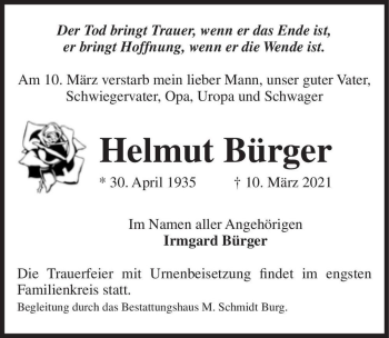 Traueranzeige von Helmut Bürger  von Magdeburger Volksstimme