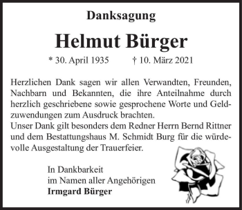 Traueranzeige von Helmut Bürger  von Magdeburger Volksstimme