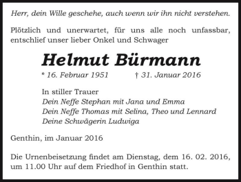 Traueranzeige von Helmut Bürmann  von Magdeburger Volksstimme