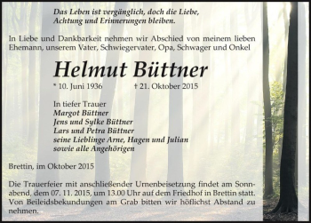 Traueranzeige von Helmut Büttner  von Magdeburger Volksstimme