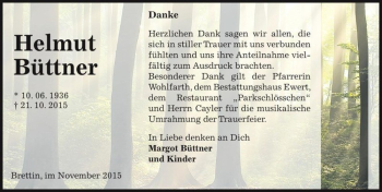 Traueranzeige von Helmut Büttner  von Magdeburger Volksstimme