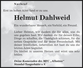 Traueranzeige von Helmut Dahlweid  von Magdeburger Volksstimme