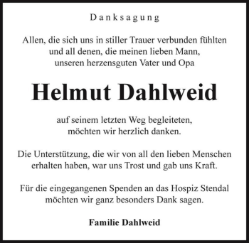 Traueranzeige von Helmut Dahlweid  von Magdeburger Volksstimme