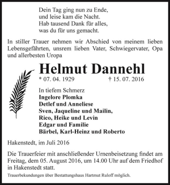 Traueranzeige von Helmut Dannehl  von Magdeburger Volksstimme