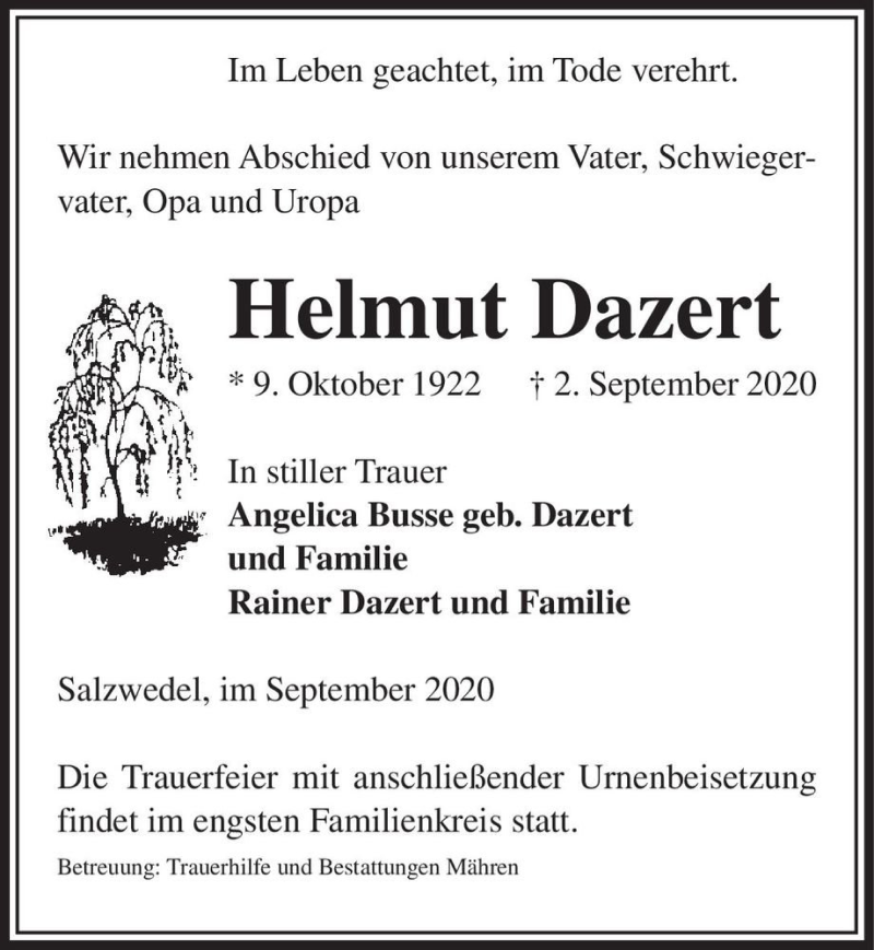  Traueranzeige für Helmut Dazert  vom 05.09.2020 aus Magdeburger Volksstimme