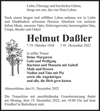 Traueranzeige von Helmut Daßler  von Magdeburger Volksstimme