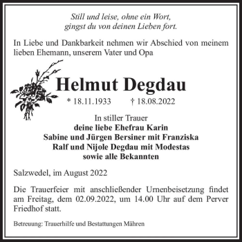 Traueranzeige von Helmut Degdau  von Magdeburger Volksstimme