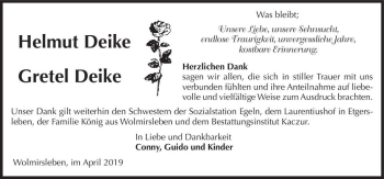 Traueranzeige von Helmut Deike und Gretel Deike  von Magdeburger Volksstimme