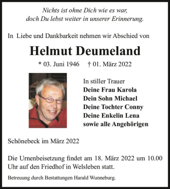 Traueranzeige von Helmut Deumeland  von Magdeburger Volksstimme