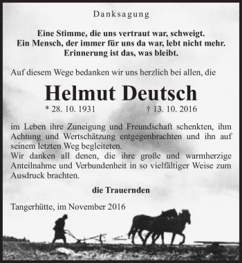 Traueranzeige von Helmut Deutsch  von Magdeburger Volksstimme