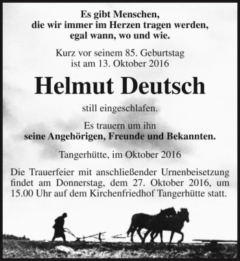 Traueranzeige von Helmut Deutsch  von Magdeburger Volksstimme