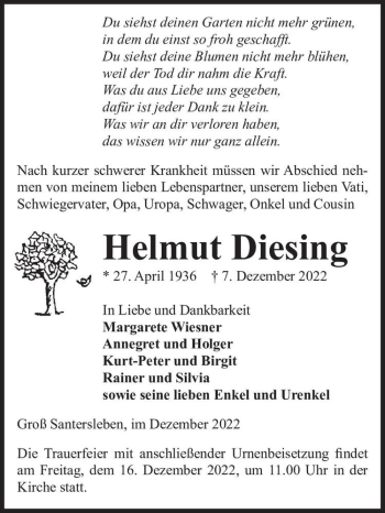 Traueranzeige von Helmut Diesing  von Magdeburger Volksstimme