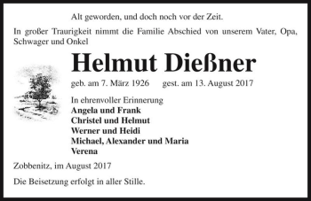 Traueranzeige von Helmut Dießner  von Magdeburger Volksstimme