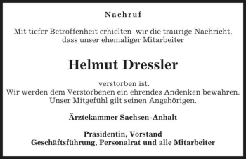 Traueranzeige von Helmut Dressler  von Magdeburger Volksstimme