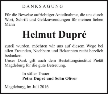 Traueranzeige von Helmut Dupré  von Magdeburger Volksstimme