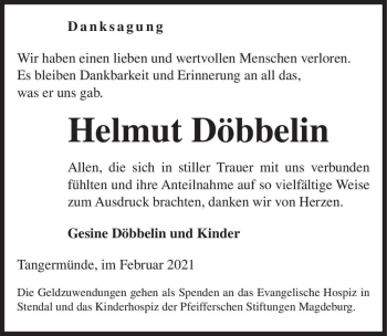 Traueranzeige von Helmut Döbbelin  von Magdeburger Volksstimme