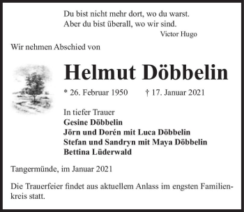 Traueranzeige von Helmut Döbbelin  von Magdeburger Volksstimme