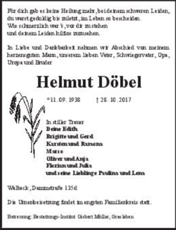 Traueranzeige von Helmut Döbel  von Magdeburger Volksstimme