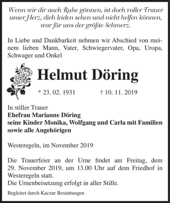 Traueranzeige von Helmut Döring  von Magdeburger Volksstimme