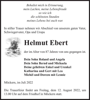Traueranzeige von Helmut Ebert  von Magdeburger Volksstimme