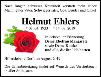 Traueranzeige von Helmut Ehlers  von Magdeburger Volksstimme