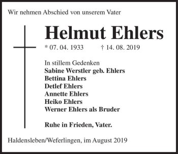 Traueranzeige von Helmut Ehlers  von Magdeburger Volksstimme