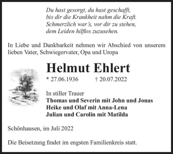 Traueranzeige von Helmut Ehlert  von Magdeburger Volksstimme