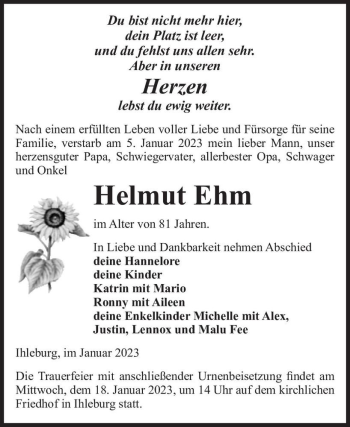 Traueranzeige von Helmut Ehm  von Magdeburger Volksstimme
