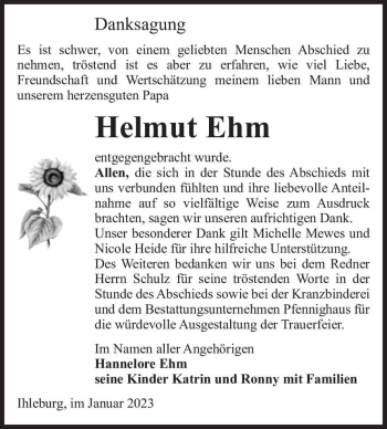 Traueranzeige von Helmut Ehm  von Magdeburger Volksstimme