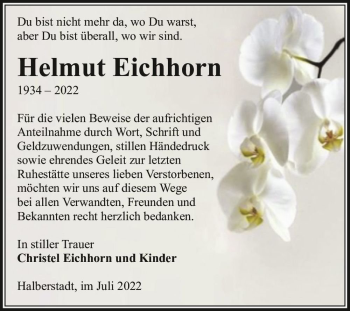 Traueranzeige von Helmut Eichhorn  von Magdeburger Volksstimme