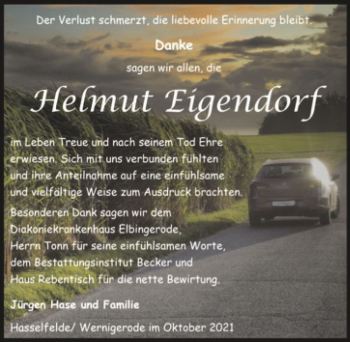 Traueranzeige von Helmut Eigendorf  von Magdeburger Volksstimme