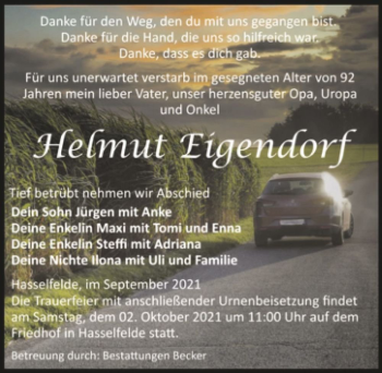Traueranzeige von Helmut Eigendorf  von Magdeburger Volksstimme