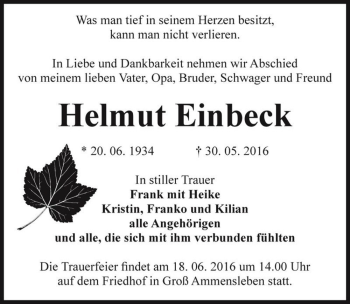 Traueranzeige von Helmut Einbeck  von Magdeburger Volksstimme