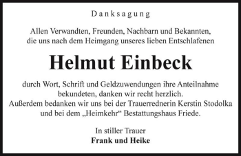 Traueranzeige von Helmut Einbeck  von Magdeburger Volksstimme