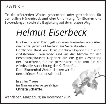 Traueranzeige von Helmut Eiserbeck  von Magdeburger Volksstimme