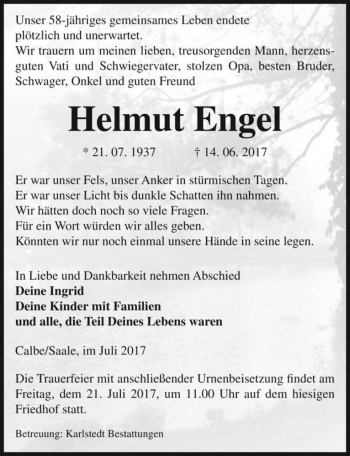 Traueranzeige von Helmut Engel  von Magdeburger Volksstimme