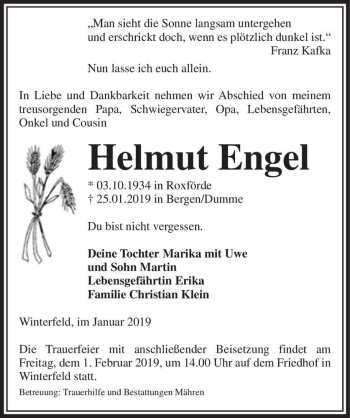 Traueranzeige von Helmut Engel  von Magdeburger Volksstimme