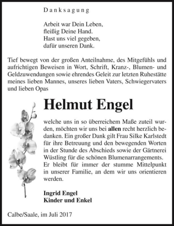 Traueranzeige von Helmut Engel  von Magdeburger Volksstimme