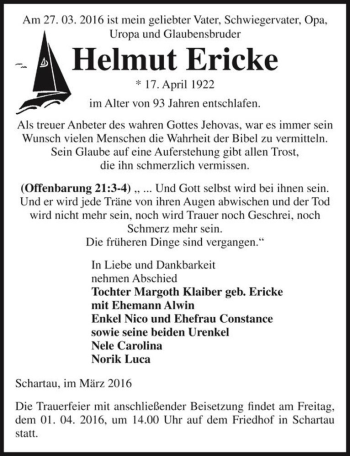 Traueranzeige von Helmut Ericke  von Magdeburger Volksstimme