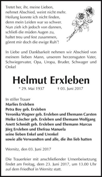 Traueranzeige von Helmut Erxleben  von Magdeburger Volksstimme