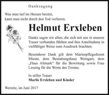 Traueranzeige von Helmut Erxleben  von Magdeburger Volksstimme