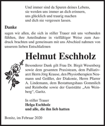 Traueranzeige von Helmut Eschholz  von Magdeburger Volksstimme