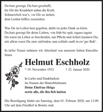 Traueranzeige von Helmut Eschholz  von Magdeburger Volksstimme
